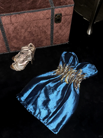 Royal Blue A Line Sweetheart Neck Sequin Beaded Satin Short Homecoming Dress HZ1023